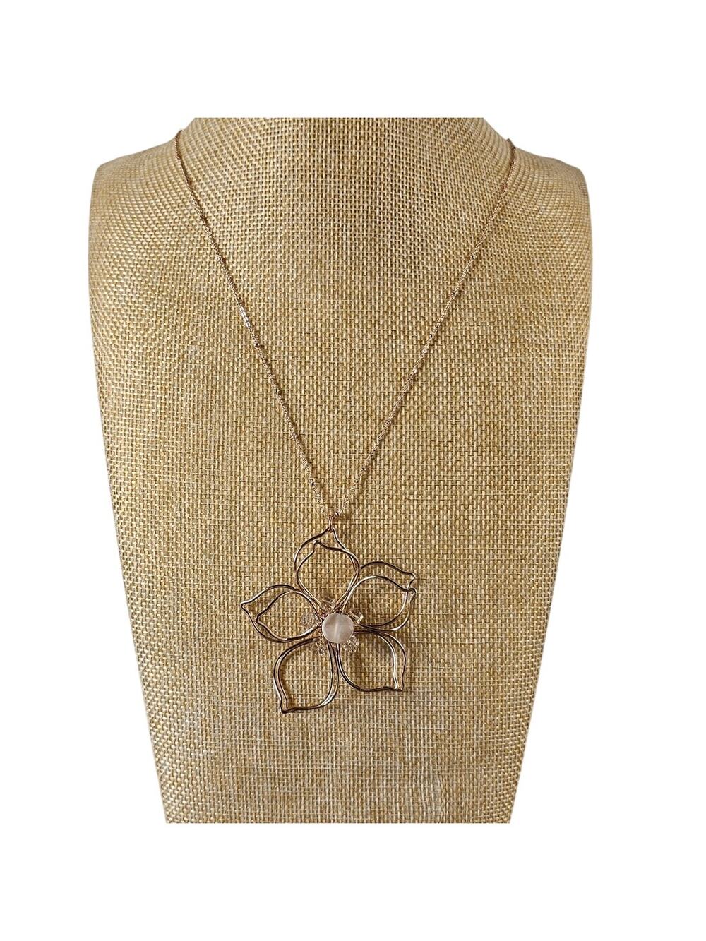LC Lauren Conrad Rose Gold Flower Pendant Necklace 32" Beaded Floral New